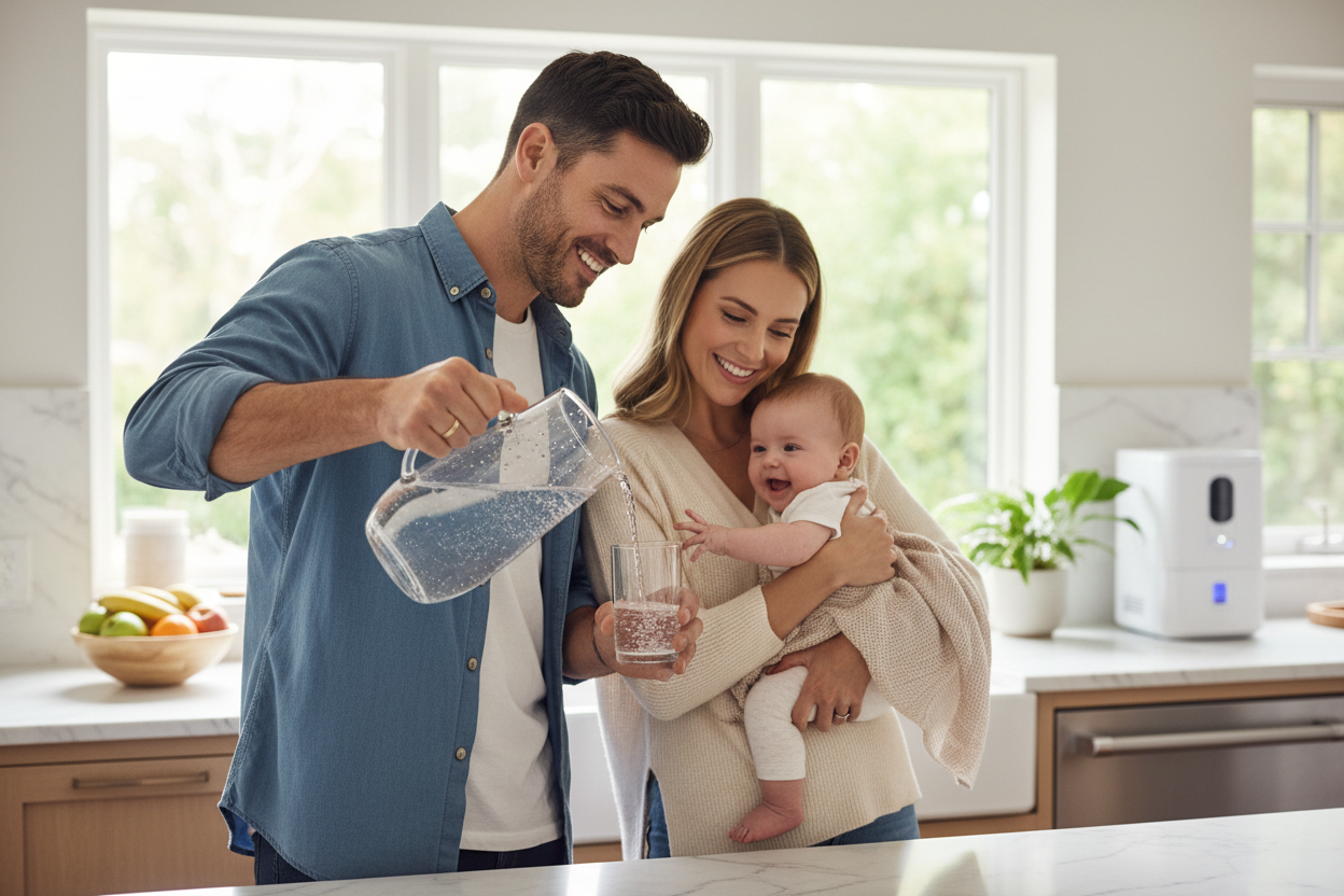 Dad and Mom with baby in arm pouring a delicious glass of drinking water