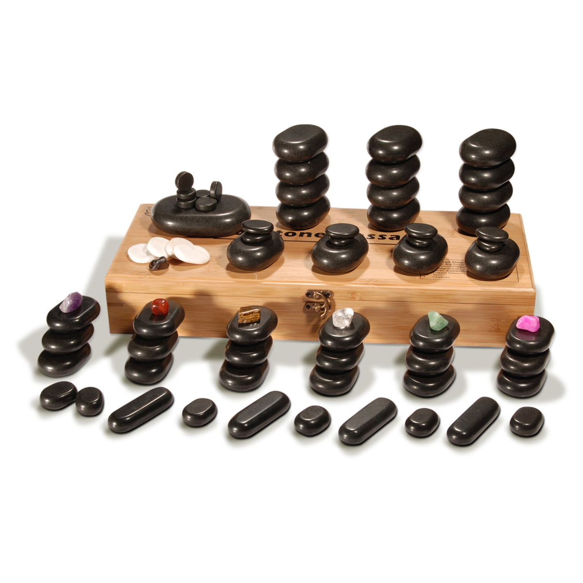 Master Massage - 70-piece Deluxe Hot Stone Massage Stone Set Kit Package for a Full Body Massage with Black Lava Volcano Basalt Rock, White Marble Cool Cold Stone and Chakra.