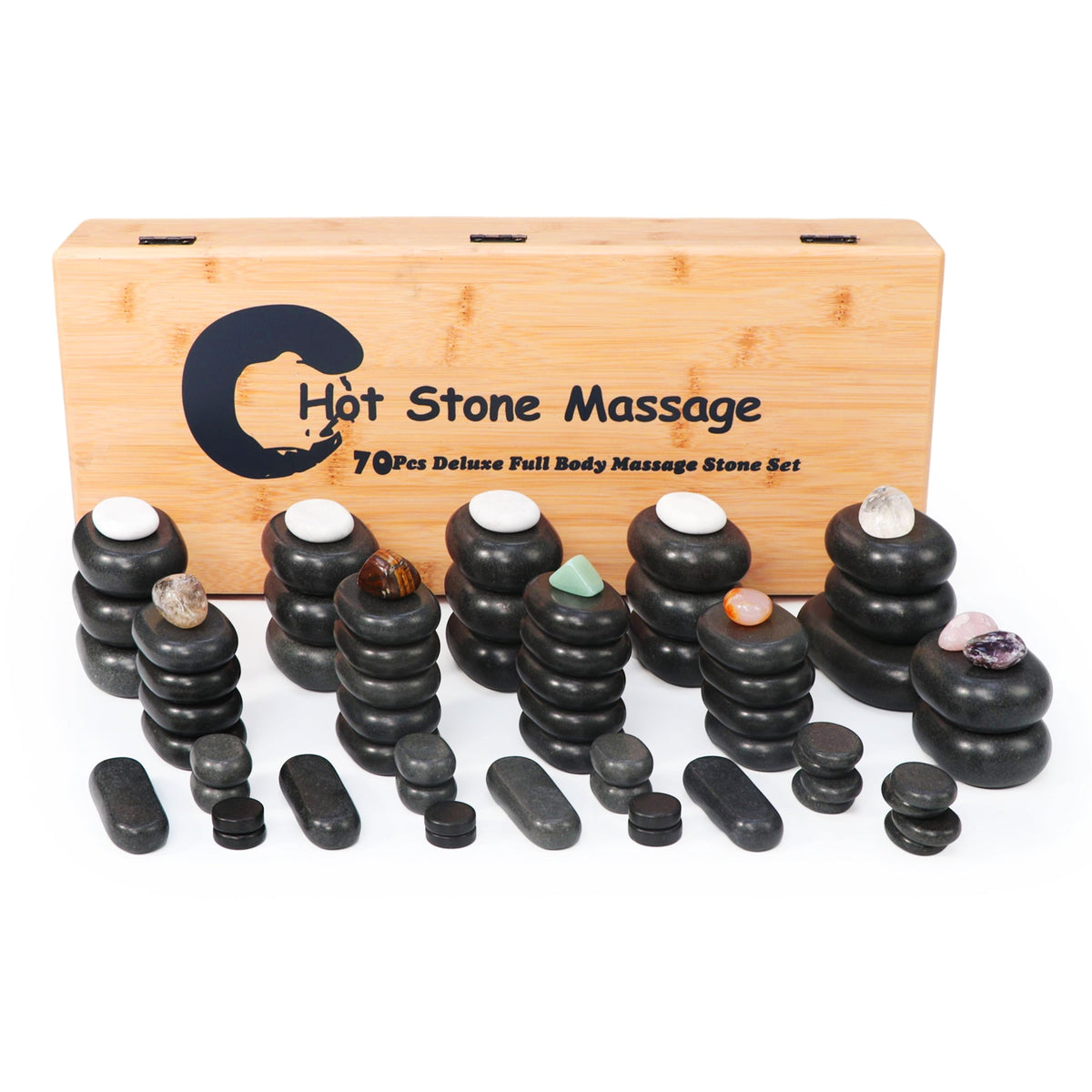 Master Massage - 70-piece Deluxe Hot Stone Massage Stone Set Kit Package for a Full Body Massage with Black Lava Volcano Basalt Rock, White Marble Cool Cold Stone and Chakra.