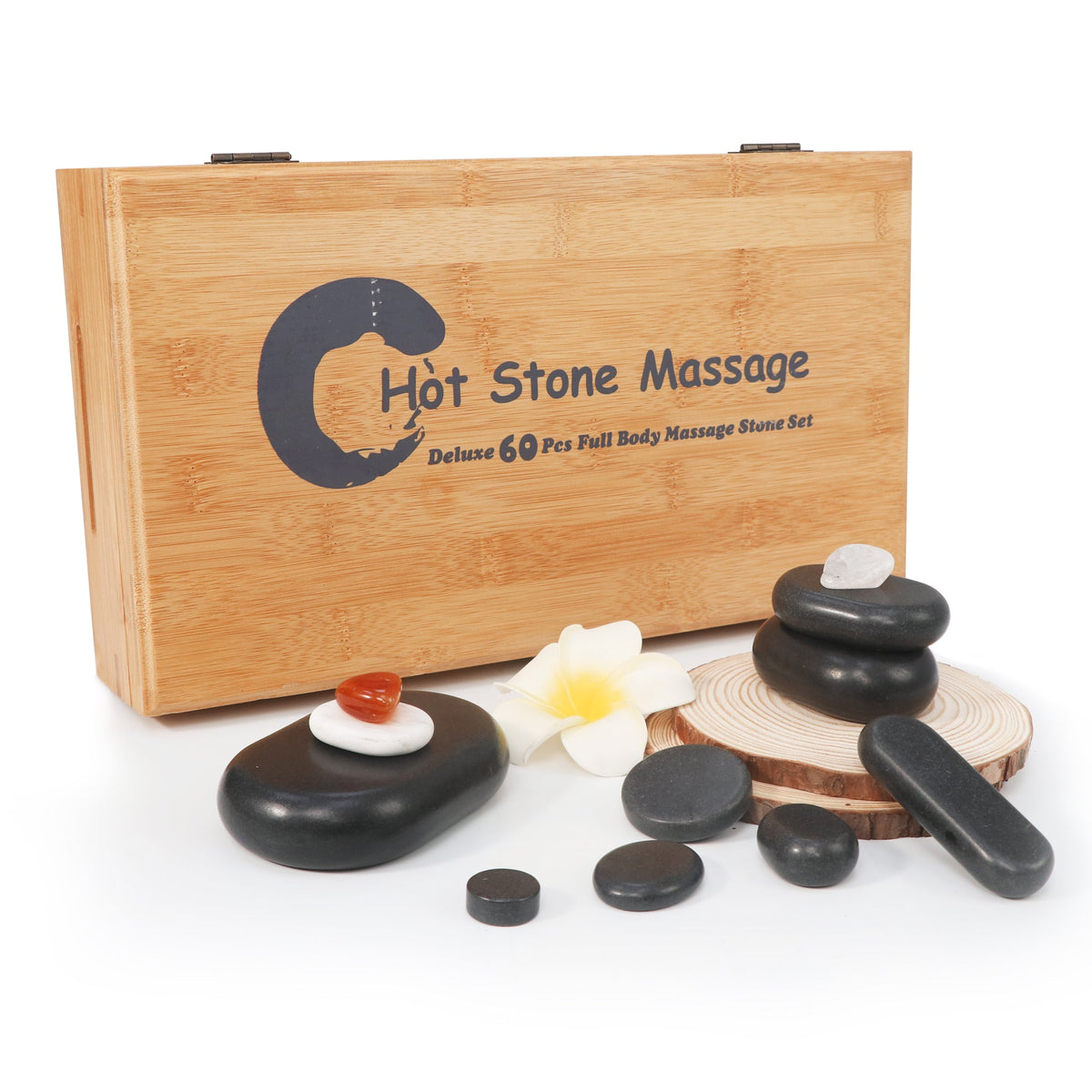 Master Massage - 60-Piece Deluxe Hot Stone Set including Basalt Volcano Rocks, Marble Cold Stones, and Chakra Balancing Tools - Ultimate All-in-One Package Kit for a Professional Quality Hot Stone Massage Therapy at Home