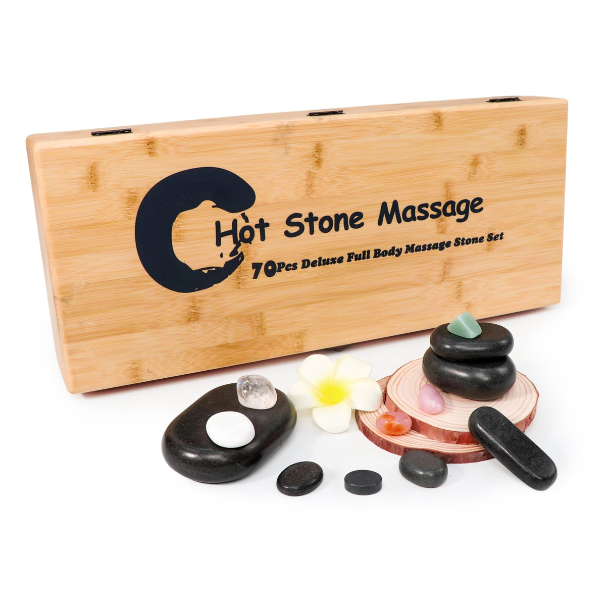 Master Massage - 70-piece Deluxe Hot Stone Massage Stone Set Kit Package for a Full Body Massage with Black Lava Volcano Basalt Rock, White Marble Cool Cold Stone and Chakra.