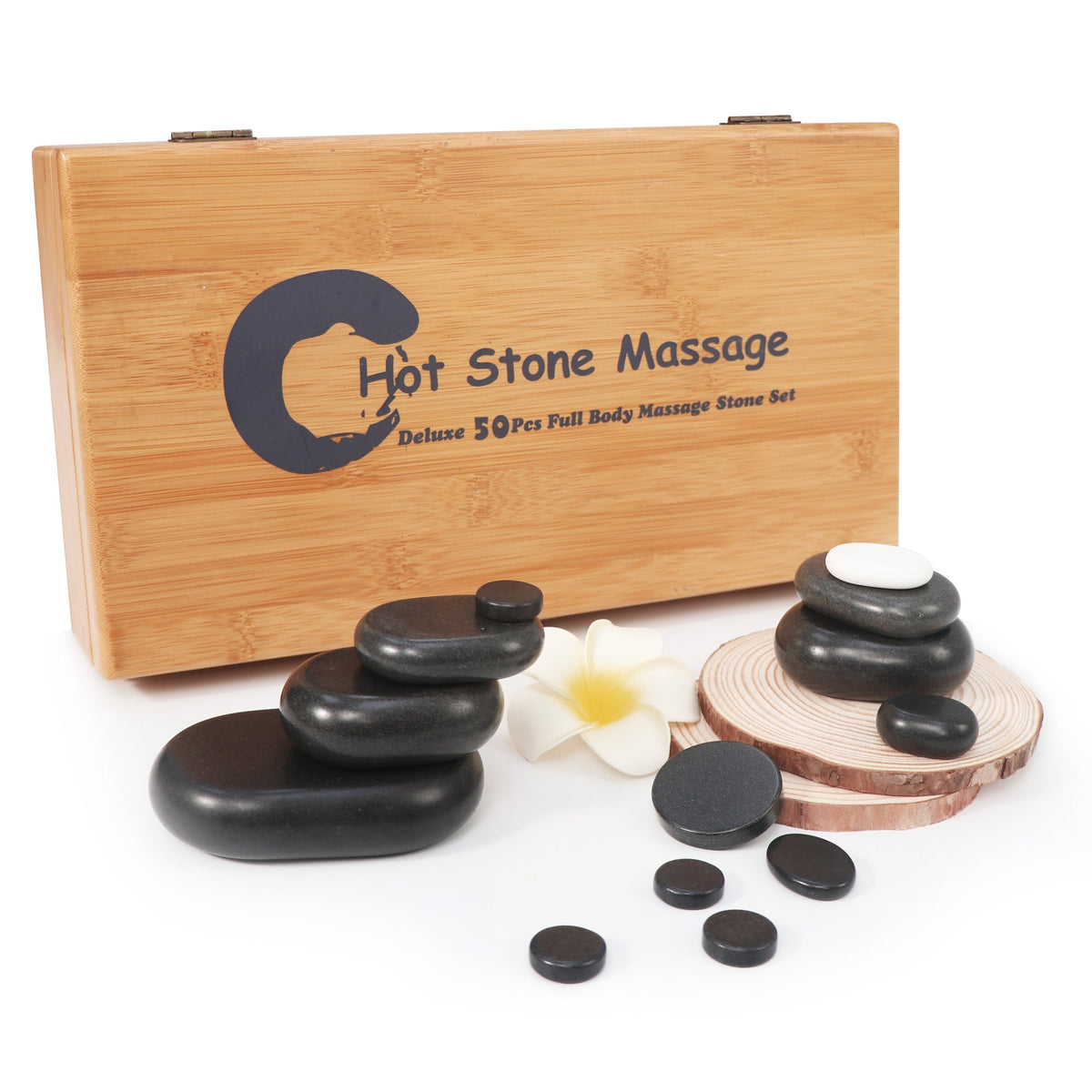 Master Massage - 50 Piece Deluxe Hot Stone Massage Stone Set Kit Package for a Full Body Massage with Black Lava Volcano Basalt Rock, White Marble Cool Cold Stone