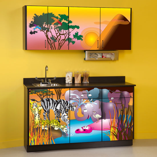 Clinton Industries - 7951-X Pediatric Complete Exam Room. Serengeti Sunrise Treatment Table & Cabinet. Adjustable Back Table - Clinton Industries product image