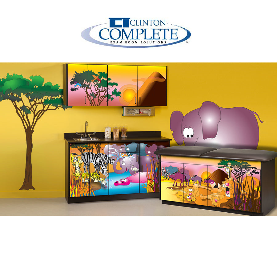 Clinton Industries - 7951-X Pediatric Complete Exam Room. Serengeti Sunrise Treatment Table & Cabinet. Adjustable Back Table - Clinton Industries product image