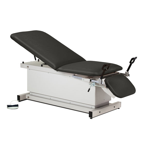 Clinton Industries - 81360 Power Hi-Lo Exam Table. Shrouded Base w/ Adjustable Back. 500 lbs Capacity, Drop Section, Stirrups & Footrest - Clinton Industries product image