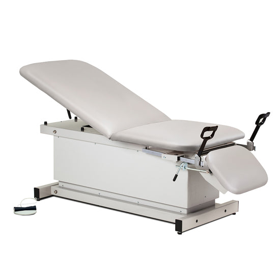 Clinton Industries - 81360 Power Hi-Lo Exam Table. Shrouded Base w/ Adjustable Back. 500 lbs Capacity, Drop Section, Stirrups & Footrest - Clinton Industries product image