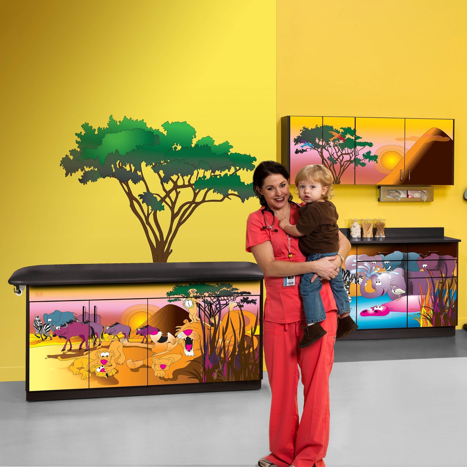 Clinton Industries - 7951-X Pediatric Complete Exam Room. Serengeti Sunrise Treatment Table & Cabinet. Adjustable Back Table - product image 1