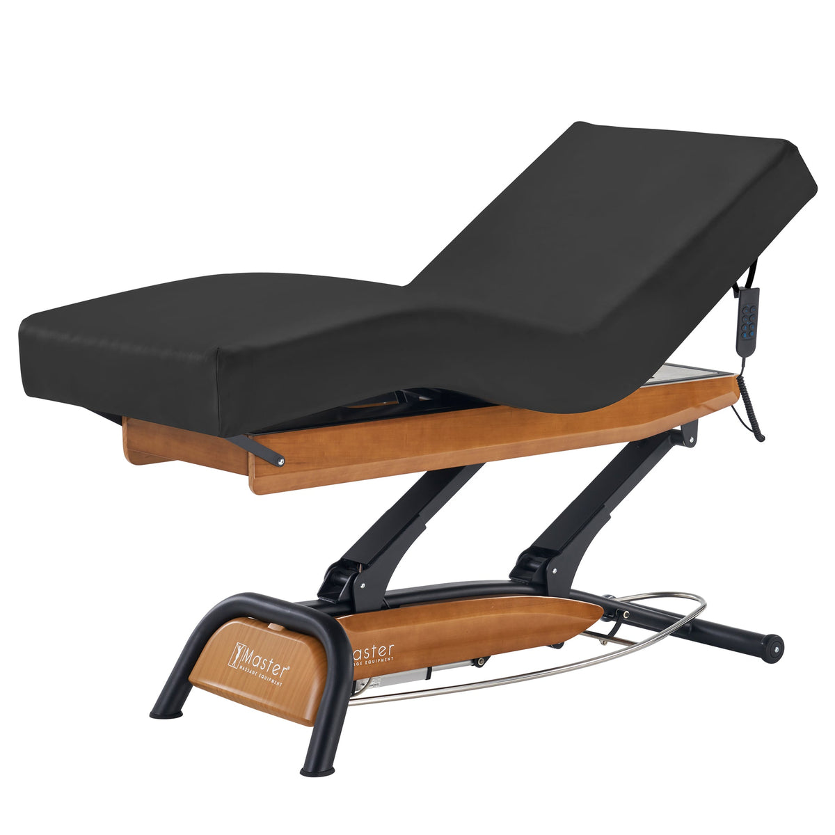 Master Massage - Atlas Deluxe Electric Lift Spa Salon Stationary Bed - Oak Base, Cream Top with Interchangable Black Upholstery