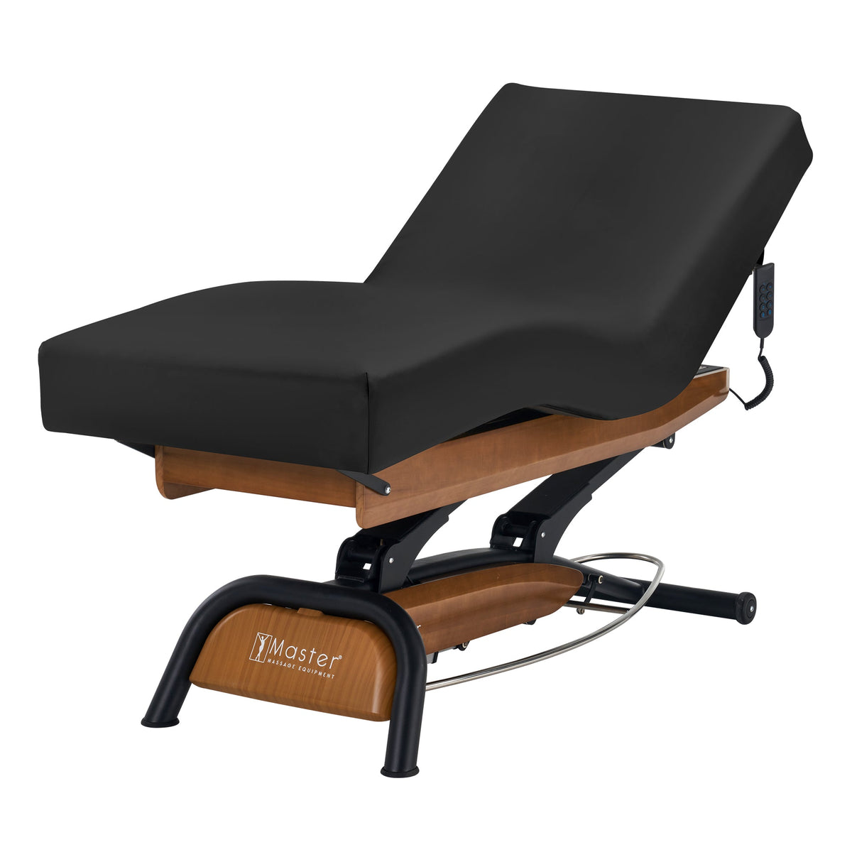Master Massage - Atlas Deluxe Electric Lift Spa Salon Stationary Bed - Walnut Base, Cream Top with Interchangable Black Upholstery