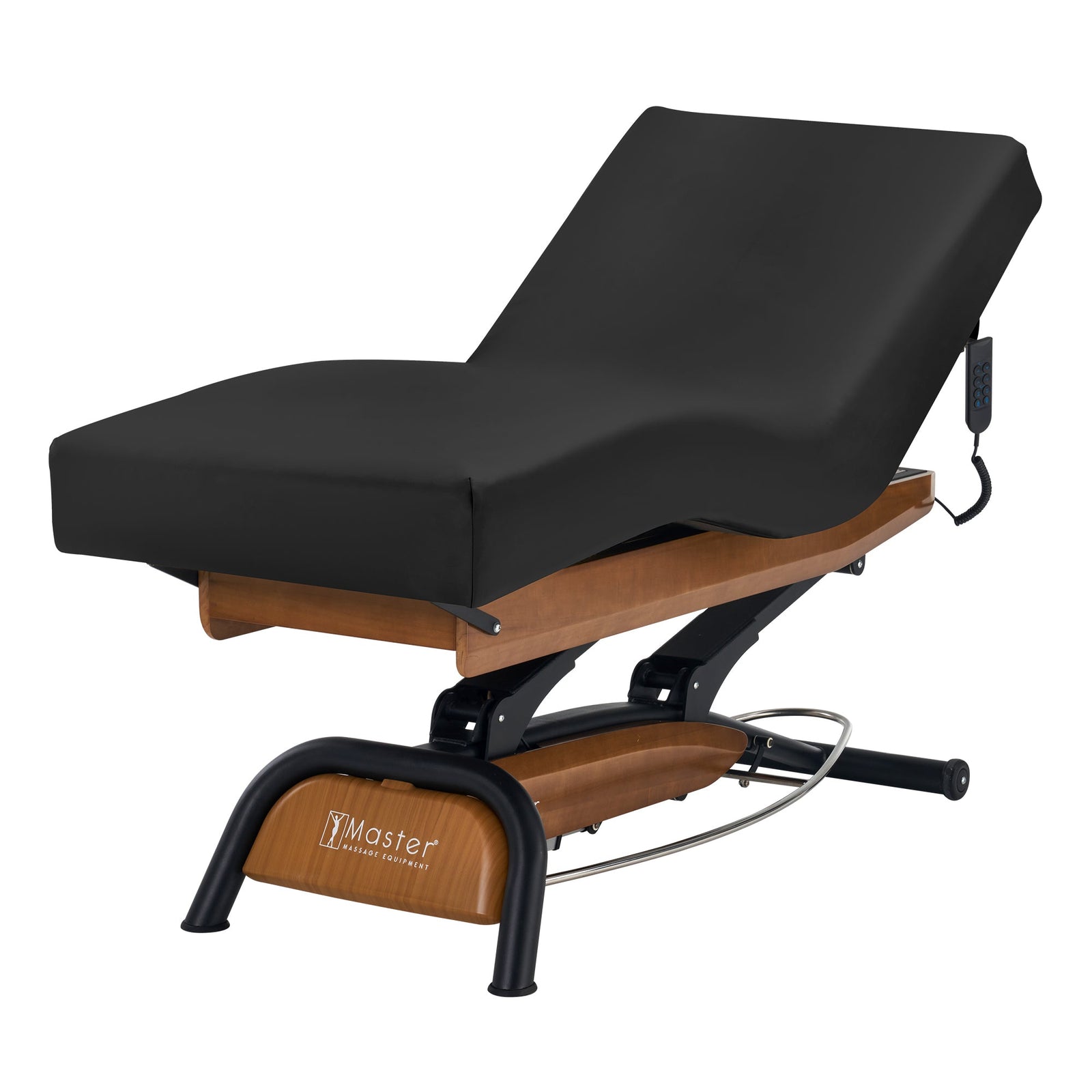Master Massage - Atlas Deluxe Electric Lift Spa Salon Stationary Bed - Oak Base, Cream Top with Interchangable Black Upholstery