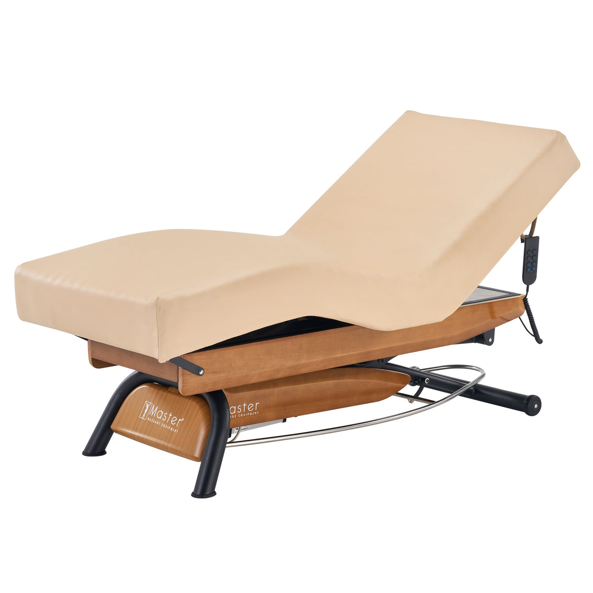 Master Massage - Atlas Deluxe Electric Lift Spa Salon Stationary Bed - Cream Top with Oak Base