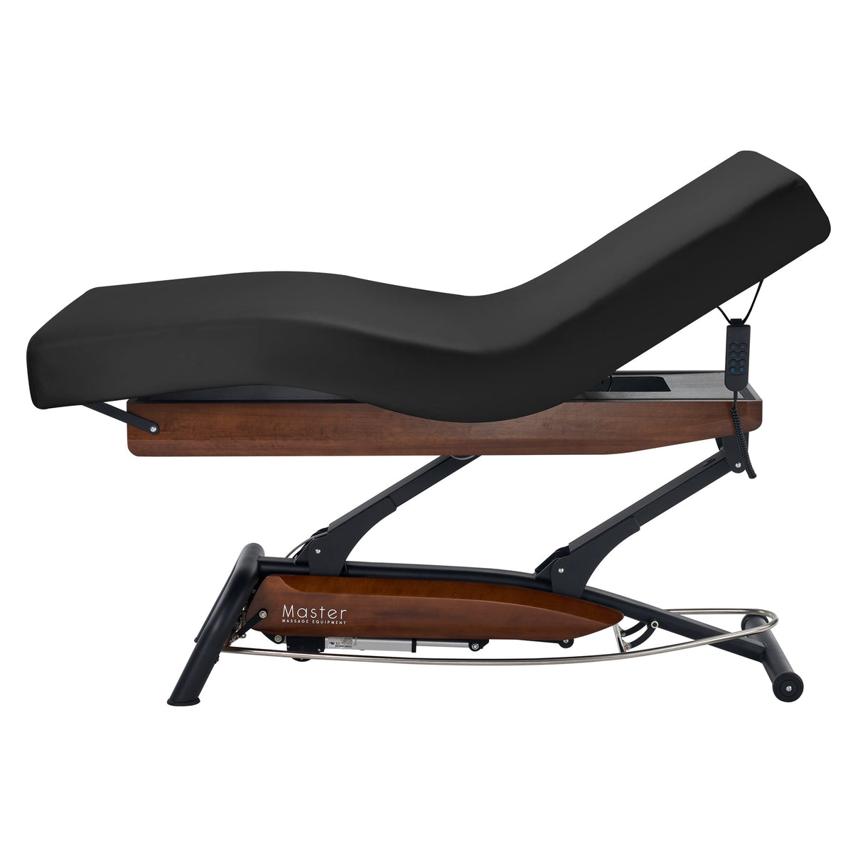 Master Massage - Atlas Deluxe Electric Lift Spa Salon Stationary Bed - Walnut Base, Cream Top with Interchangable Black Upholstery