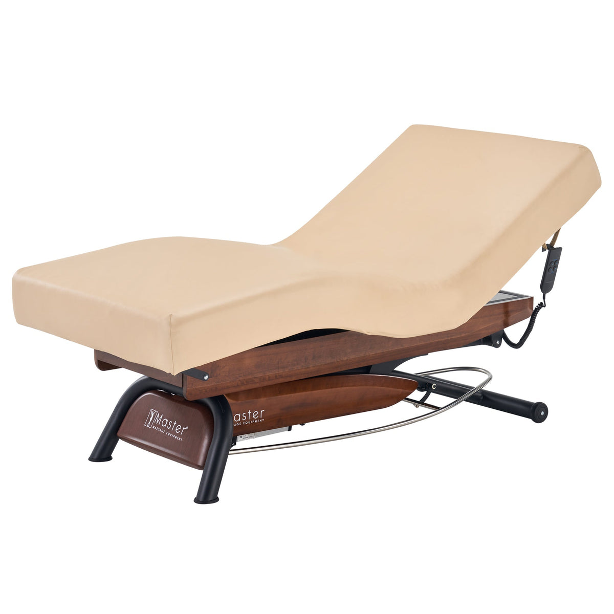 Master Massage - Atlas Deluxe Electric Lift Spa Salon Stationary Bed - Walnut Base, Cream Top with Interchangable Black Upholstery