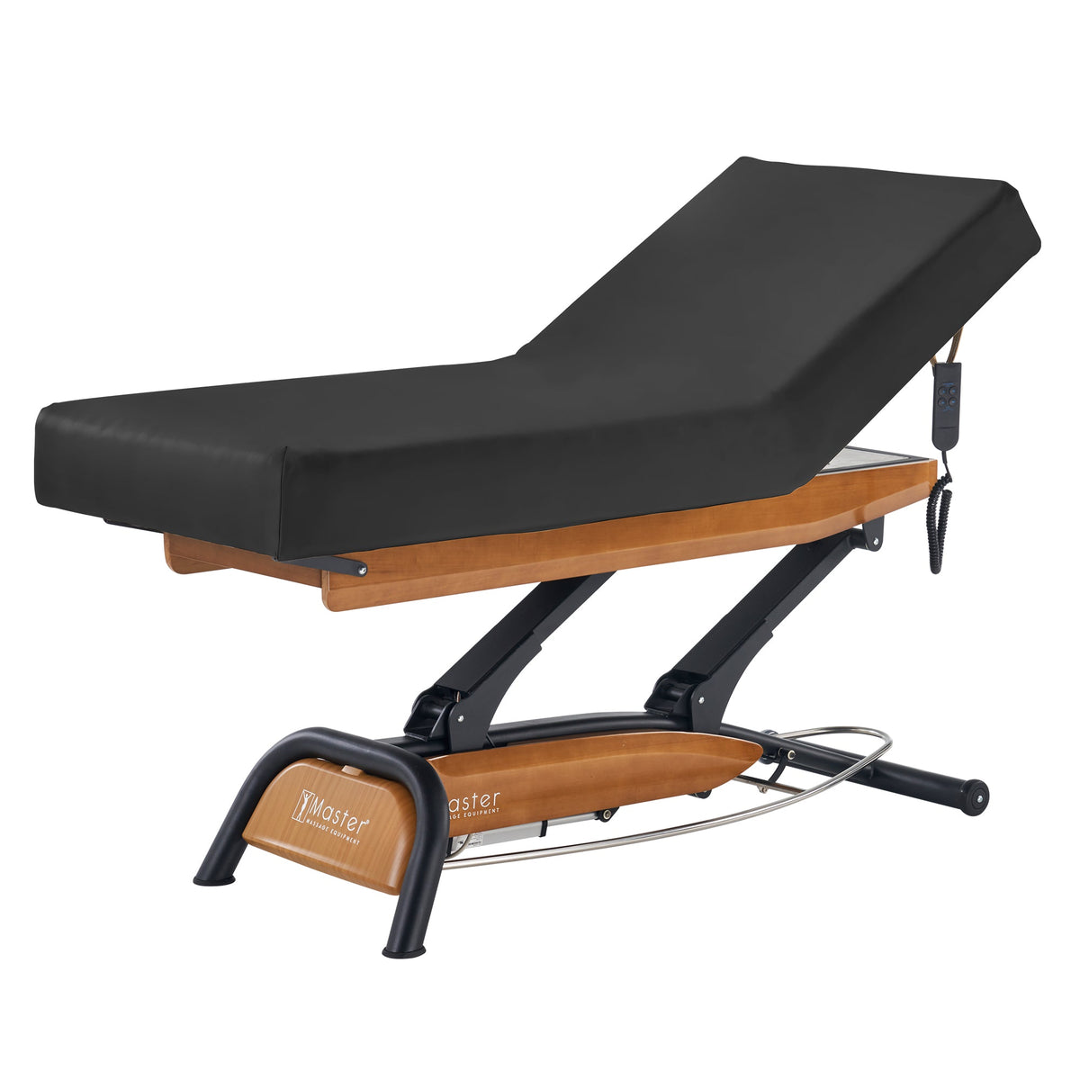 Master Massage - Atlas Liftback Electric Lift Spa Salon Stationary Bed - Oak Base, Cream Top with Interchangable Black Upholstery