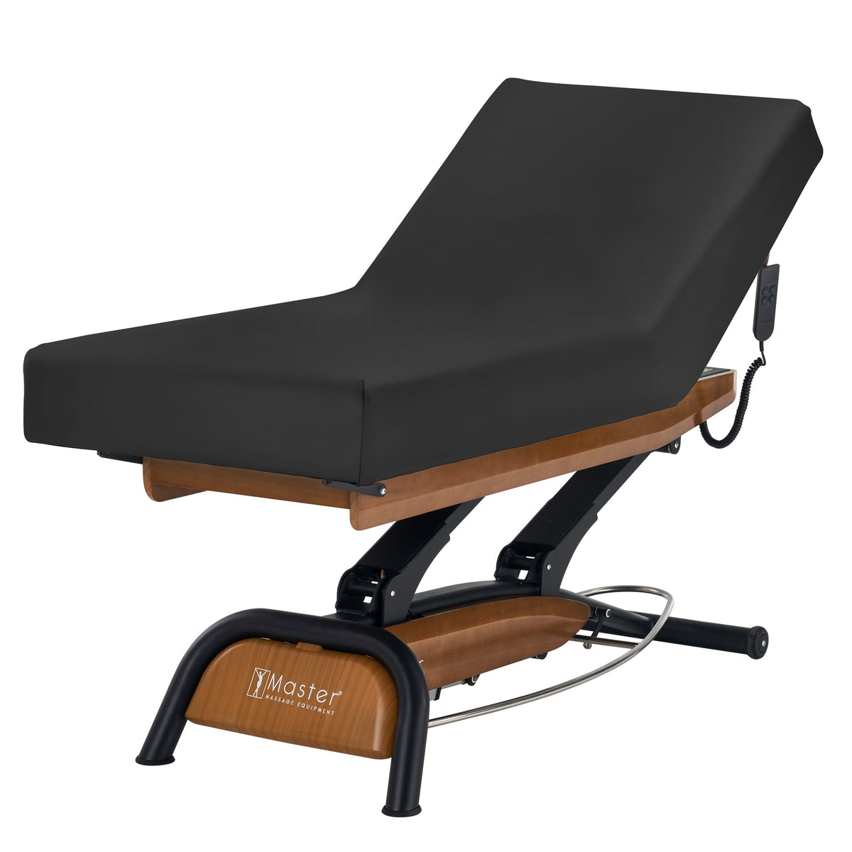 Master Massage - Atlas Liftback Electric Lift Spa Salon Stationary Bed - Walnut Base, Cream Top with Interchangable Black Upholstery