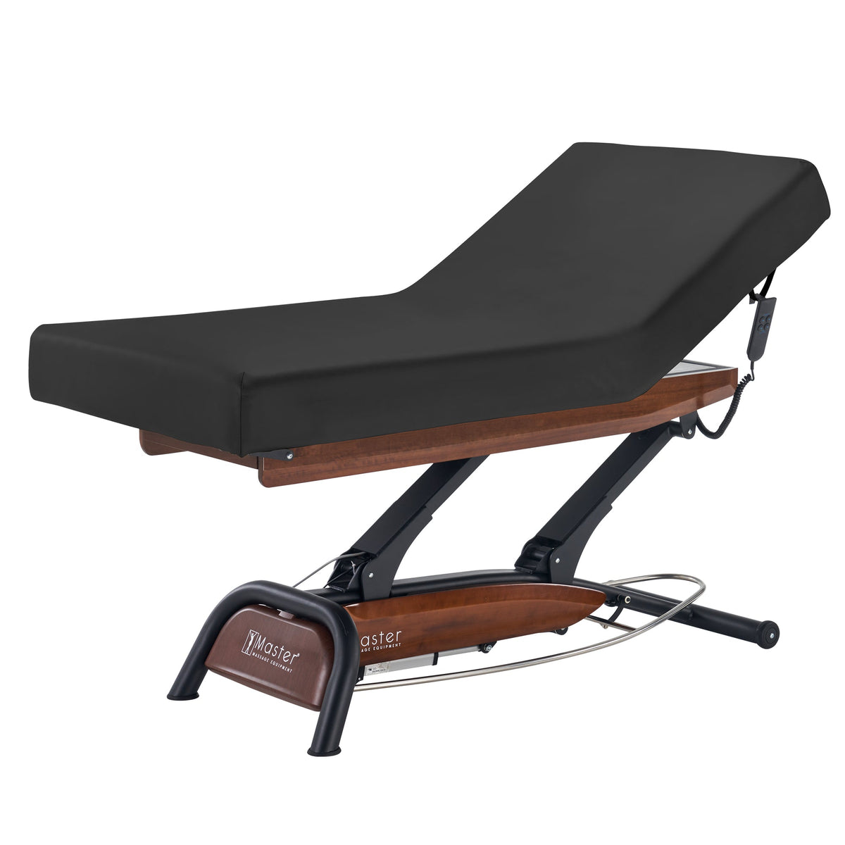 Master Massage - Atlas Liftback Electric Lift Spa Salon Stationary Bed - Walnut Base, Cream Top with Interchangable Black Upholstery