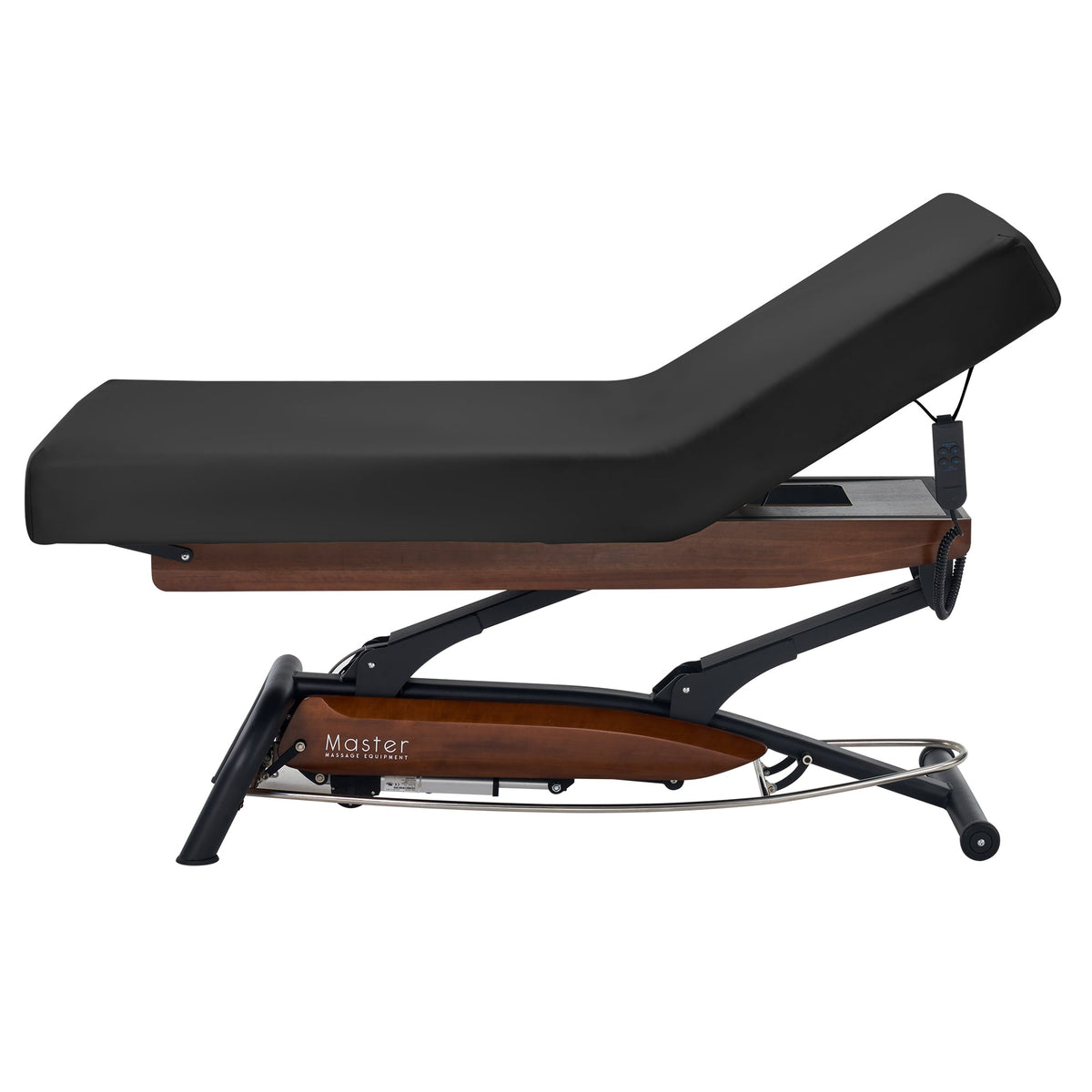 Master Massage - Atlas Liftback Electric Lift Spa Salon Stationary Bed - Walnut Base, Cream Top with Interchangable Black Upholstery