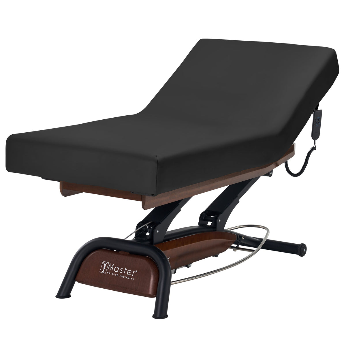 Master Massage - Atlas Liftback Electric Lift Spa Salon Stationary Bed - Walnut Base, Cream Top with Interchangable Black Upholstery
