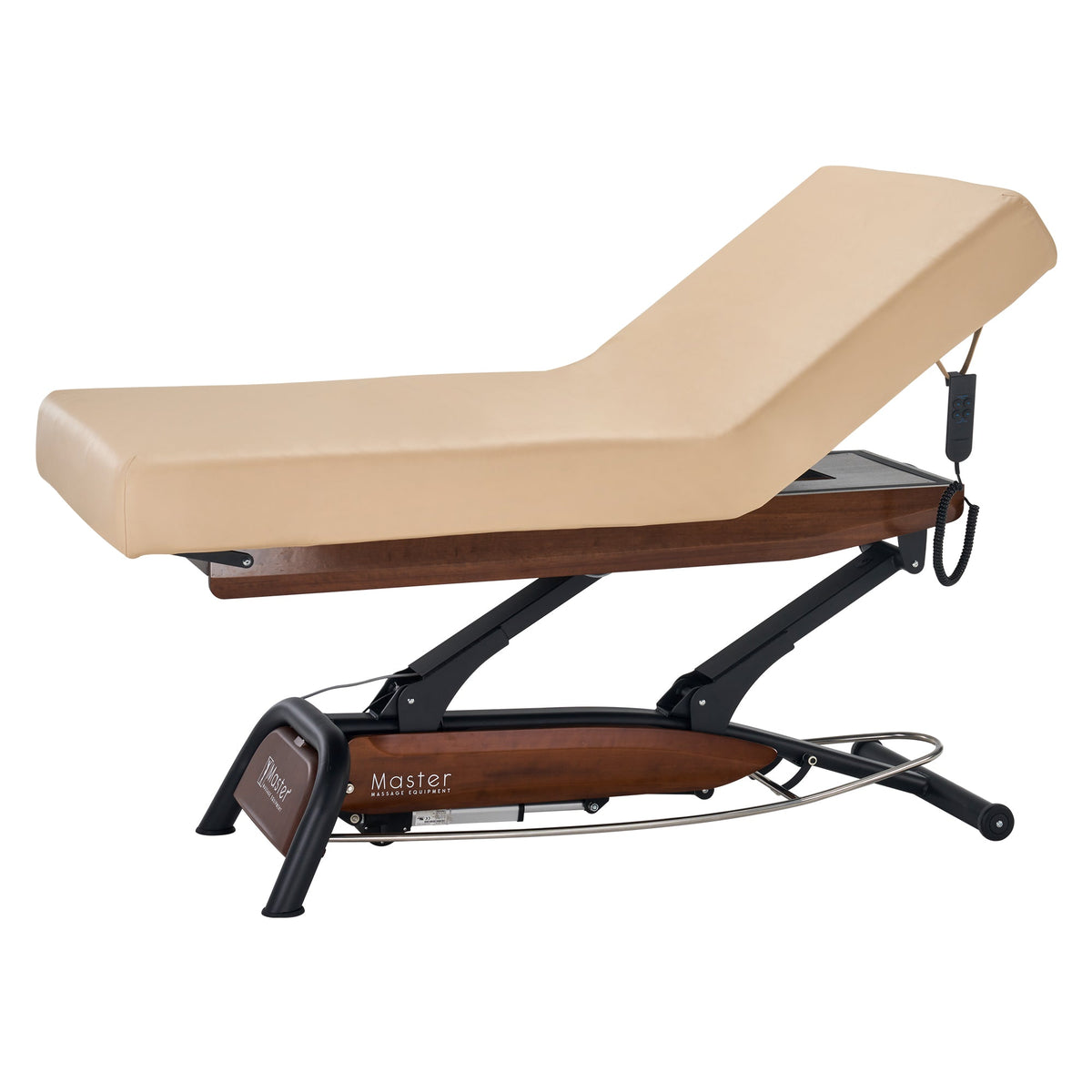 Master Massage - Atlas Liftback Electric Lift Spa Salon Stationary Bed - Cream Top with Walnut Base
