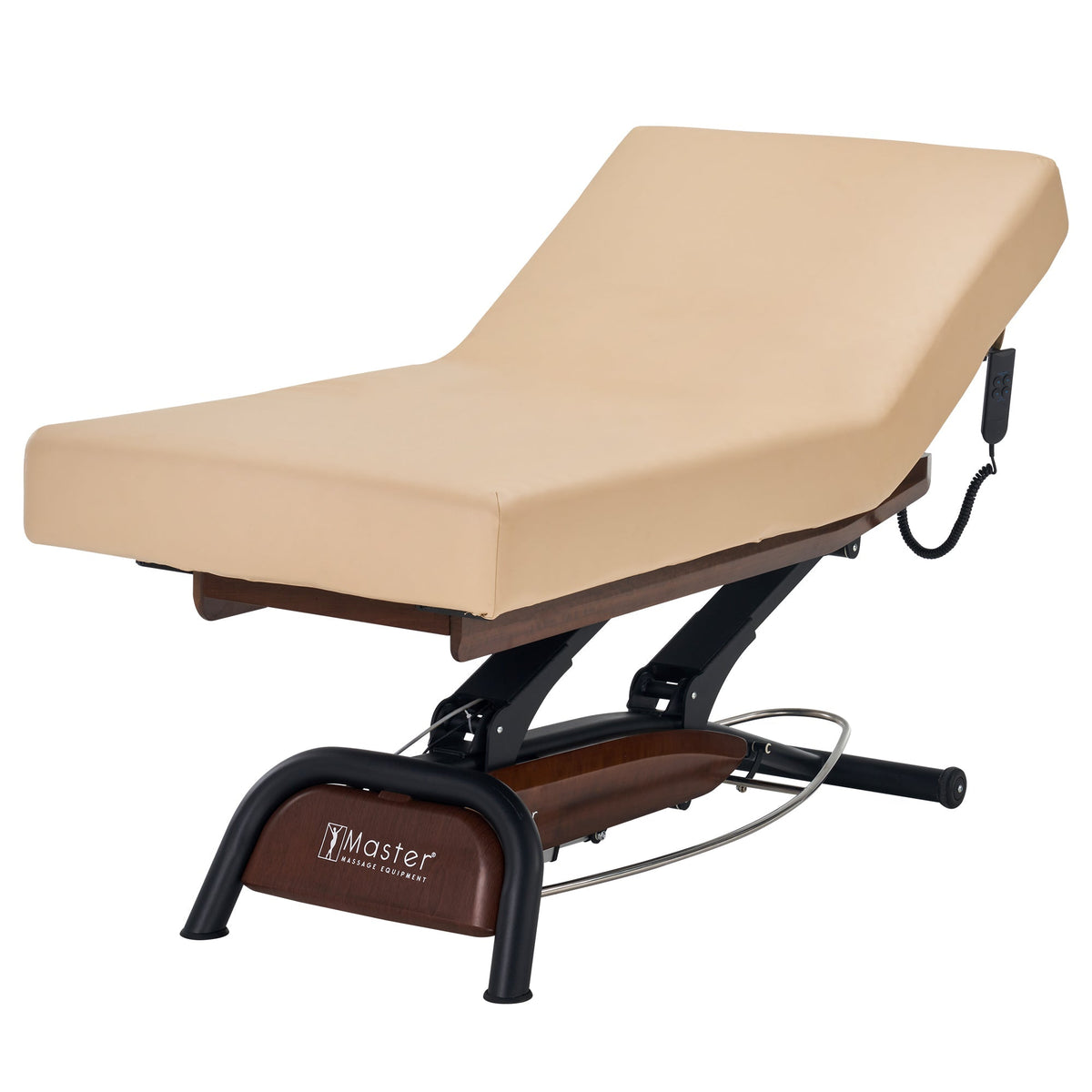Master Massage - Atlas Liftback Electric Lift Spa Salon Stationary Bed - Cream Top with Walnut Base